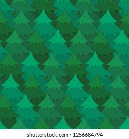 Mysterious seamless pattern with green overlapping coniferous trees. Cute Christmas firs or pines texture for textile, wrapping paper, surface, wallpaper, New Year design