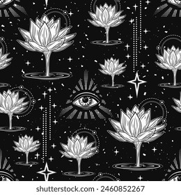 Mysterious seamless pattern with Lotus flower rising from water, third eye, stars. Mystical, spiritual, insight concept. Black and white illustration in vintage style.
