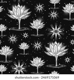 Mysterious seamless pattern with Lotus flower rising from water, shimmering golden stars. Mystical, spiritual, insight concept. Black and white illustration in vintage style.