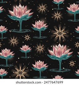 Mysterious seamless pattern with Lotus flower rising from water, shimmering golden stars. Mystical, spiritual, insight concept. Colorful illustration in vintage style.