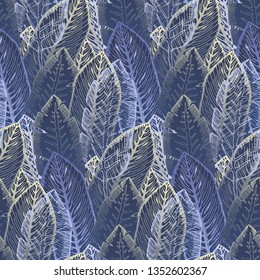 Mysterious seamless pattern with overlay outline golden and dark purple tropical leaves. Trendy violet exotic plants texture for textile, wrapping paper, surface, wallpaper, background