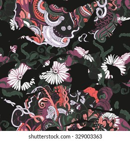 Mysterious seamless pattern with plants and herbs and bats