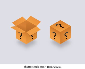 Mysterious secret box open and closed isometry. Cube packaging with yellow question marks unknown package gift help with frequently asked questions mysterious container vector surprise.