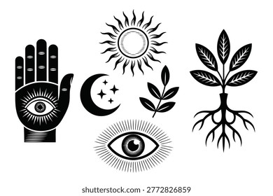 Mysterious set of esoteric symbols including sun moon stars hamsa eye and a sprouting plant with roots for magical spiritual art.