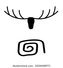Mysterious sign, spiral and reindeer head with antlers . Black color icons . The lines of the path. Death spiral. A cyclical symbol. Tattoos