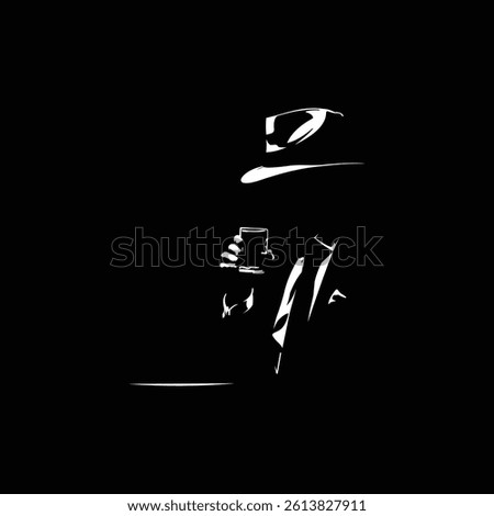 mysterious silhouette vector of a man in a hat and a suit holding a glass isolated on black background