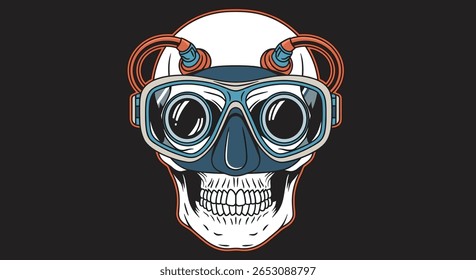 Caveira Misteriosa Vestuário de mergulho vintage Óculos com tubos de cobre acentos contra um fundo escuro