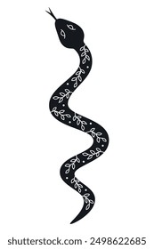 Mysterious snake with floral hand drawn elements. Black and white mystic snake silhouette. Spiritual or magic symbols. Vector illustration isolated on white background. 