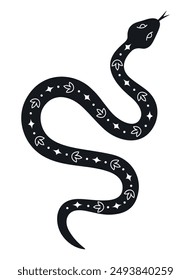 Mysterious snake with hand drawn floral and cosmic elements. Black and white magic mystic snake. Spiritual or fantasy symbols. Vector illustration isolated on white background. 