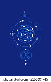 Mysterious space composition of fish, cosmic bodies and circles. Underwater life. Esoteric marine composition. Ocean creatures. Blue, white colors. Illustration for t-shirt, cover, poster