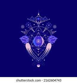 Mysterious space composition of planets and stars. Vector illustration on theme of astrology, astronomy, esotericism. Cosmic art. Celestial bodies. Cover, card, print on clothes, poster