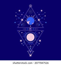 Mysterious space composition of planets, triangles, stars. Vector illustration on theme of astrology, astronomy, esotericism. Cosmic art. Celestial bodies. Cover, card, print on clothes, poster