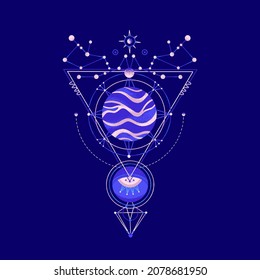 Mysterious space composition of planets, triangles, stars. Vector illustration on theme of astrology, astronomy, esotericism. Cosmic art. Celestial bodies. Cover, card, print on clothes, poster