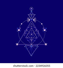 Mysterious space composition of planets, triangles, stars. Vector illustration on theme of astrology, astronomy, esotericism. Cosmic art. Celestial bodies. Cover, card, print on clothes, poster