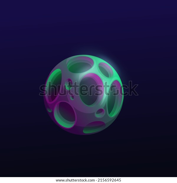 Mysterious space planet with deep holes. Vector\
galaxy sphere with craters, potholed green and purple colored\
surface. Globe in alien universe, Ui game isolated fantasy\
astronomical object in\
cosmos