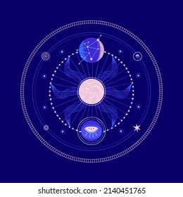 Composición redonda espacial misteriosa con planetas y estrellas. Ilustración vectorial sobre el tema de la astrología, la astronomía, el esoterismo. Arte cósmico. Cuerpos celestes. Tapa, tarjeta, imprenta en ropa, afiche