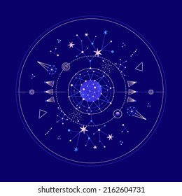 Composición redonda espacial misteriosa con planetas y estrellas. Ilustración vectorial sobre el tema de la astrología, la astronomía, el esoterismo. Arte cósmico. Cuerpos celestes. Tapa, tarjeta, imprenta en ropa, afiche