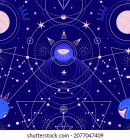 Mysterious space seamless patterns of planets, stars, other celestial bodies. Vector illustration on theme of astrology, astronomy, esotericism. Cosmic background. Wallpaper, wrapping paper, textile