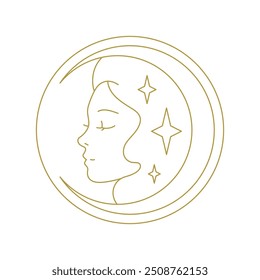 Mysterious spiritual woman dream circle portrait minimal golden line art icon vector illustration. Mythology beauty female face with star and crescent monochrome logo for zen medicine yoga meditation