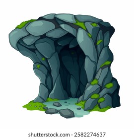 A mysterious stone grotto illustration with moss details. Ideal for fantasy, landscape, and adventure themed designs.