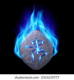 Mysterious stone with magic rune burning in blue flame