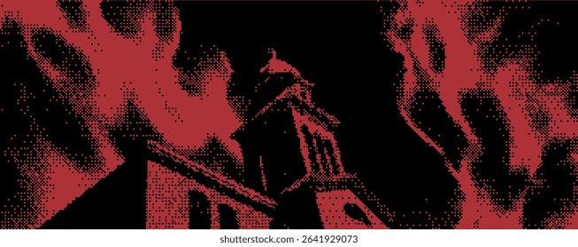 A mysterious structure with gothic architecture emerges in a dark setting, surrounded by a dramatic red ambiance. Shadows loom ominously, creating an eerie atmosphere at night. Bitmap y2k zine bg. 