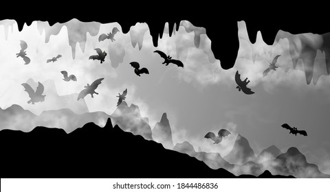 Mysterious underground cave whith flying bats black and white simple silhouette vector illustration. The cavern inside the realistic fog clouds with rocks, stalactites hand drawn scenery background.
