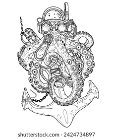 Fantasía submarina misteriosa: pulpo ornamentado e ilustración de tatuaje de ancla en estilo steampunk