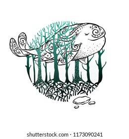 Mysterious vector forest with flying whale. Design for tribal tattoo, design, print, sign, tag, card, t-shirt.