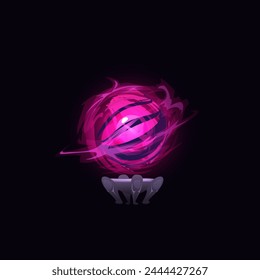 Mysterious vector illustration of a pink magic ball displayed on a stand. Ideal for gaming interfaces, the magical sphere emits a mystical glow against a black background.