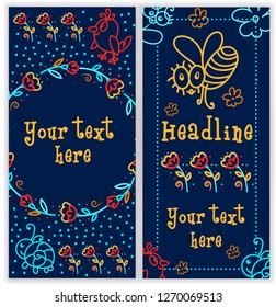 Mysterious vertical templates with fancy bee, butterfly, cutie snail, bird. Vintage childish style, hand drawn, doodle pattern. Used as greeting card,  banner.