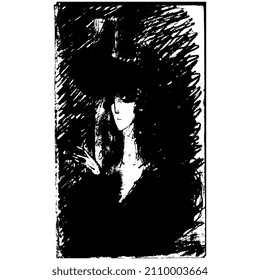 Mysterious vintage lady. Hand drawn grungy rough sketch. Black and white art.