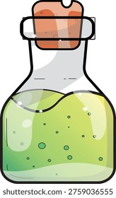 A mysterious and visually engaging vector illustration of a glass bottle filled with glowing green liquid, sealed with a classic cork stopper. The design captures a fantasy-inspired concept, where the vivid green fluid creates a sense of intrigue, danger, and magical energy. The transparent glass container allows the liquid inside to stand out, emphasizing its luminous and slightly eerie appearance. The cork closure adds a rustic and traditional touch, often associated with potion bottles and vintage containers. Combined with the vibrant liquid, the overall composition evokes themes of alchemy, magic, and fictional substances rather than real-world harmful materials. The smooth curves of the glass and the clean, minimal lines contribute to a modern yet imaginative aesthetic. This vector artwork is designed with versatility in mind, making it suitable for a wide range of creative applications such as game assets, fantasy illustrations, Halloween designs, storytelling visuals, stickers, posters, and digital content. It works especially well for themes related to potions, magic, experiments, and imaginative worlds. The scalable vector format ensures high-quality results at any size, maintaining crisp details and clean edges for both print and digital use. The design is easy to customize, allowing adjustments to color, shape, and effects to match different creative directions. Perfect for projects that require a touch of mystery and fantasy, this illustration delivers a unique and eye-catching visual while remaining clean, simple, and highly adaptable for various design needs.