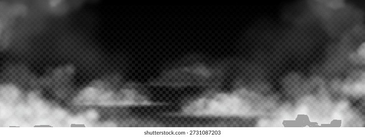 Mysteriöser weißer Nebel mit Overlay-Effekt. Transparenter Rauch, Wolken, giftiger Dampf, Nebel oder Dampf einzeln auf kariertem Hintergrund. Vektorrealistischer 3D-Effekt atmosphärischer Phänomene. С in der Luft.