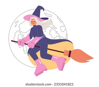 Mysterious witch flat concept vector spot illustration flat concept vector spot illustration. Fly around worlds 2D cartoon character on white for web UI design. Isolated editable creative hero image