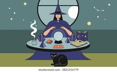 Mysterious witch fortune teller working with a glowing crystal ball, tarot cards, and magical books beside a black cat.