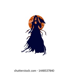 Mysterious Witch Woman With Raven Crow Bird In Her Hand Vector Logo