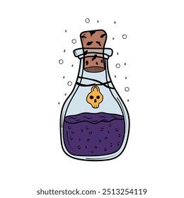 mysterious witch's magic potion for Halloween, a magic elixir in a round glass bottle with a wooden stopper. Vector illustration of a potion, logo icon