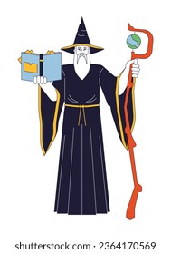 Mysterious wizard flat line color vector character. Old man reading book. Wooden wizard staff. Editable outline full body person on white. Simple cartoon spot illustration for web graphic design