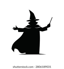 Mysterious wizard silhouette conjuring enchantment with a wand against a dark backdrop. Ideal for magical themes and storytelling.