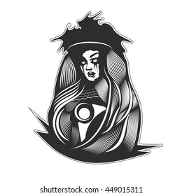 Mysterious woman in black. Gothic sketch sticker, tattoo. Vector