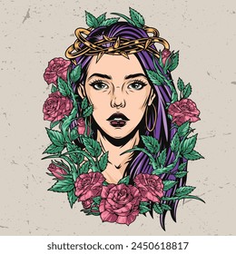 Mysterious woman colorful vintage sticker with portrait girl with bright hair and crown of thorns located among flowers vector illustration