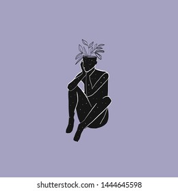 Mysterious woman. Female figure in minimal style. Fantasy illustration. Esoteric tarot design. Conceptual psychedelic portrait of modern woman. Yoga and boho concept. 