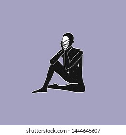 Mysterious woman. Female figure in minimal style. Fantasy illustration. Esoteric tarot design. Conceptual psychedelic portrait of modern woman. Yoga and boho concept. 