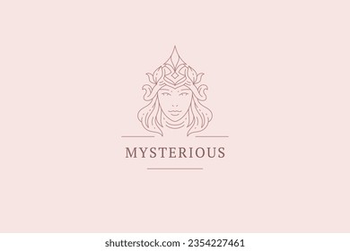 Mysterious woman goddess witch portrait in abstract headdress line art logo design template vector illustration. Fantasy dream sacred female face minimal emblem for coiffure beauty salon cosmetic