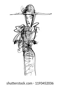 Mysterious woman in a hat. Black-and-white calligraphy, can be used in publications and in the administration.Can be used in social networks, for articles, publications, postcards, print, poster.