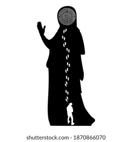 Mysterious woman with maze as her face and a man approaching it. Creative concept for steps to knowledge. Enigma of nature and life. Black and white silhouette.
