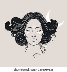 Mysterious woman with Moon and stars. Vector illustration