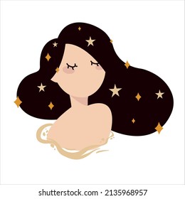 Mysterious woman with Moon and stars. Vector illustration for hair ir beauty salon, banners, social media, stickers.