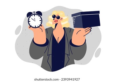 Mysterious woman with package and alarm clock reminds you of importance of delivering box on time. Blonde girl in sunglasses holds dark container with lid, delivering package to client